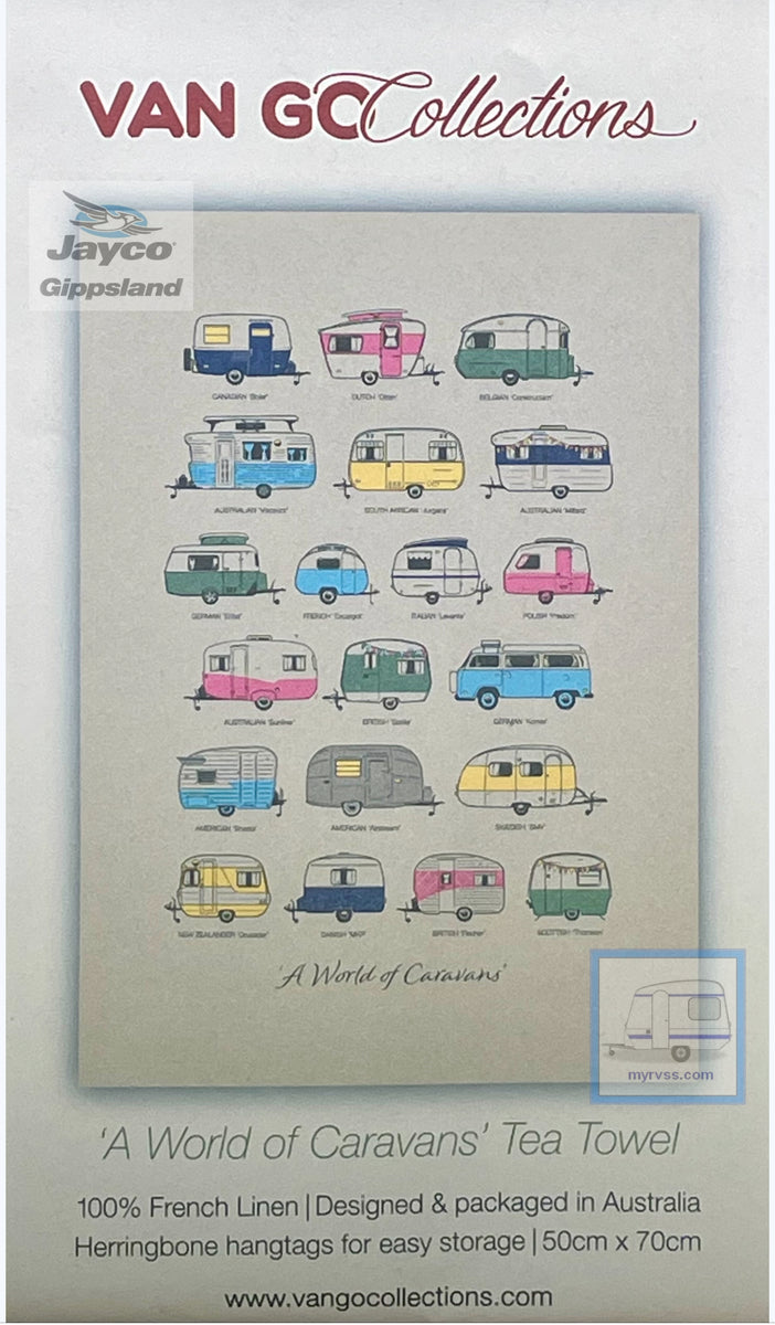 Van Go Linen Tea Towel 'A World of Cravans' Jayco Gippsland RV SuperStore