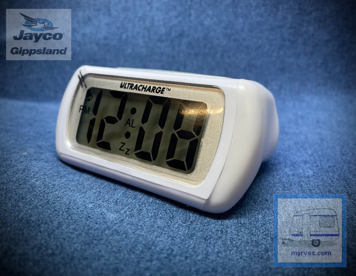 Rv Dashclock ULTRACHARGE LCD Alarm Clock - WHITE – Jayco Gippsland RV SuperStore