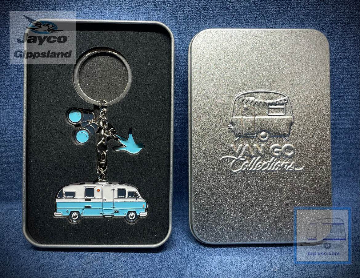 Personalized Blue Camper Van Key Ring in White and Black Imitation